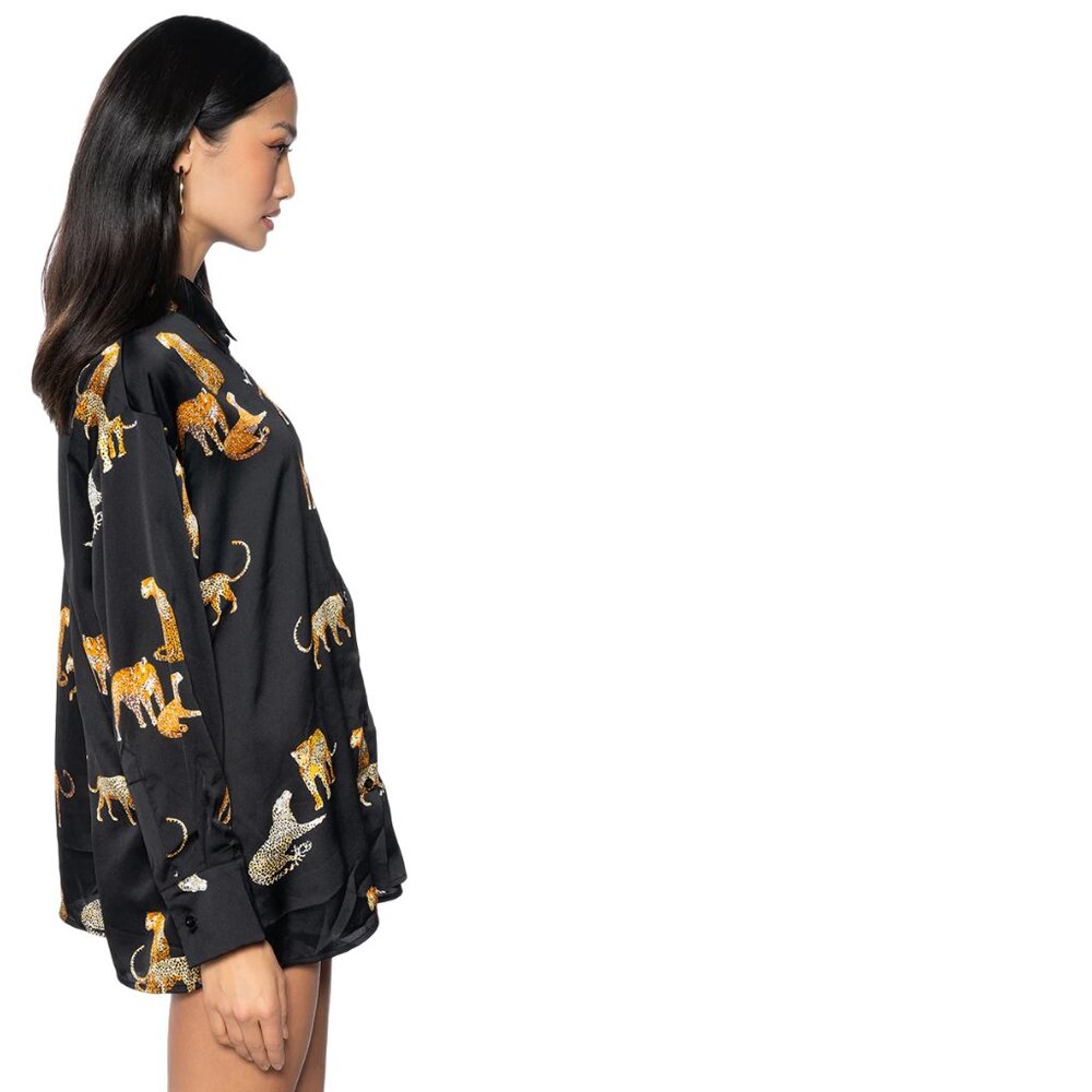 Emory Rose Black Button-Up Shirt with Leopard Print